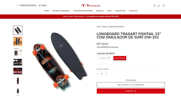 Captura de tela para artigo sobre migração de e-commerce mostra uma página de produto do site da Traxart. À esquerda, há fotos de um skate, visto de cima e de baixo. À direita, há o nome do produto: Longboard Traxart Fishtail 33 polegadas com simulador de surf.