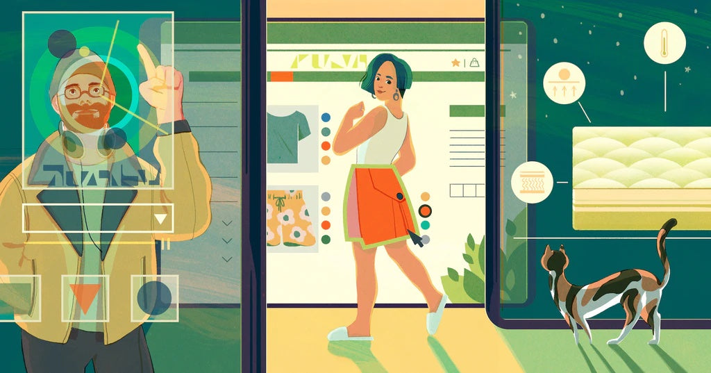 Ilustração de página de produtos mostra uma mulher posando com uma saia, e há um cursor de mouse em cima da saia. À esquerda, há um homem diante de um painel translúcido, onde ele escolhe um produto.