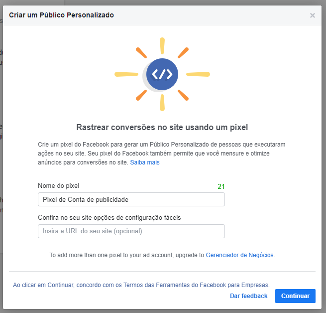 Público personalizado facebook: etapa de criação de pixel