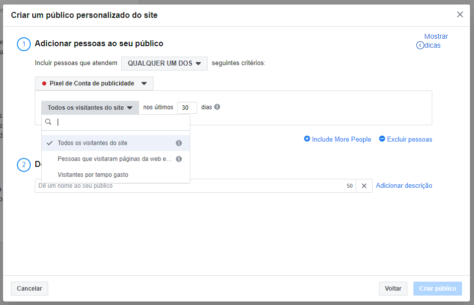 Público personalizado facebook: etapa de refinação para criação do pixel