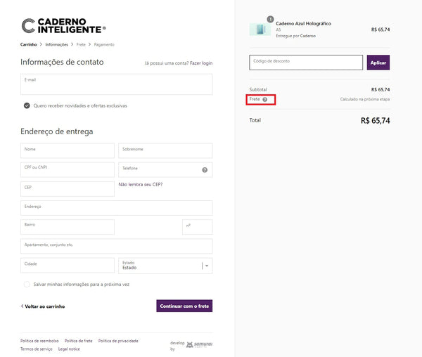 A Caderno Inteligente é um exemplo de política de frete disponibilizada na página de checkout, com as informações mais importantes sobre a entrega.