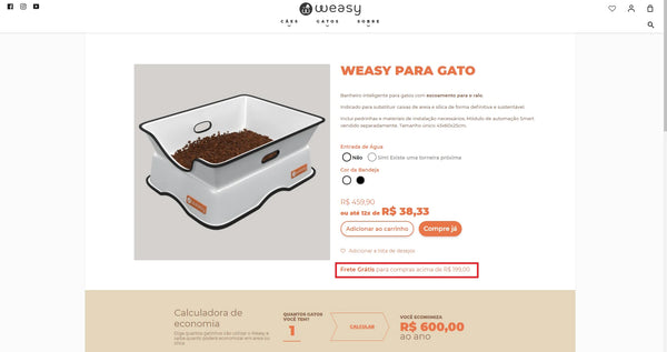 A Weasy é um exemplo de política de frete disponibilizada na página de produto.