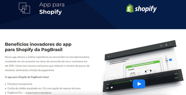 Captura de tela mostra página inicial da PagBrasil com o logo e as informações específicas para lojistas da Shopify.