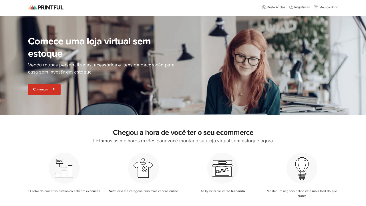 Homepage do site da Printful.