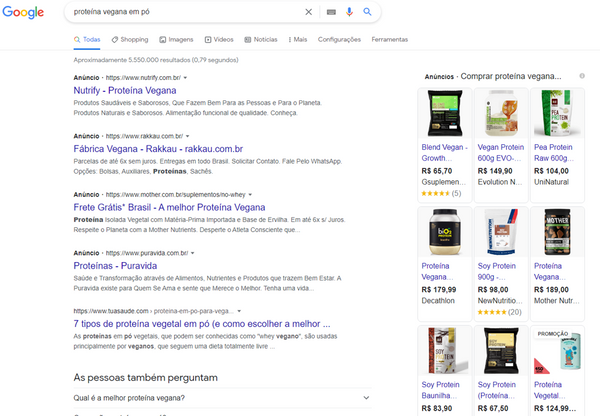 resultados da busca do Google sobre proteína vegana em pó