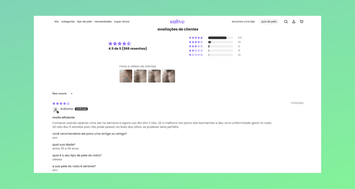 Compartilhamento de prova social da Sallve com avaliações dos clientes