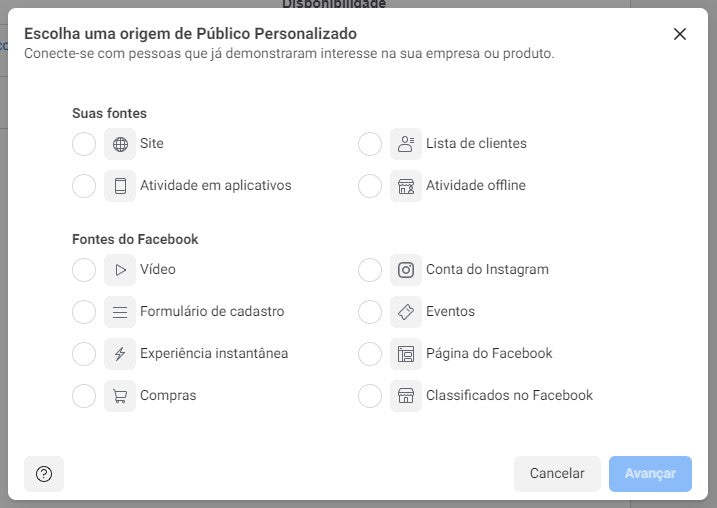 Captura de tela de como criar um público personalizado para anúncios no Facebook