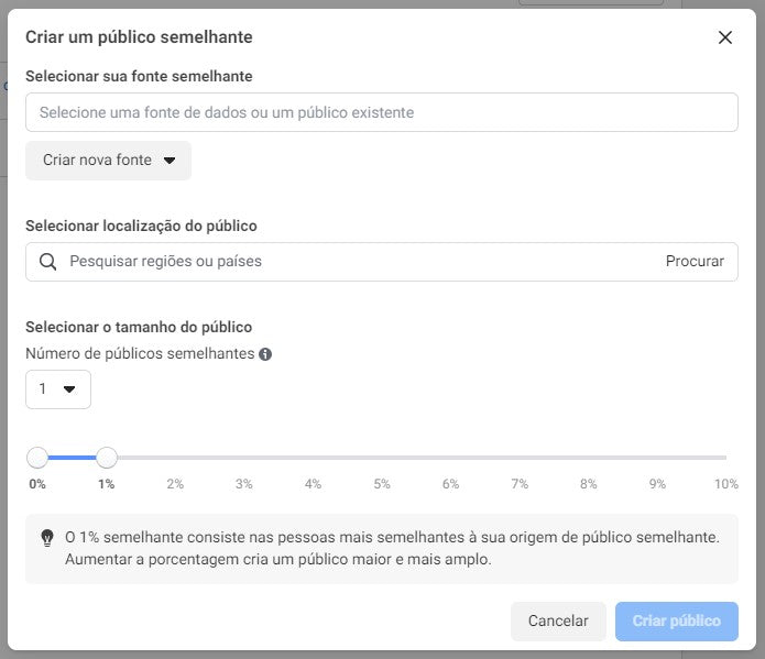 Captura de tela para criar um público semelhante para os anúncios do Facebook