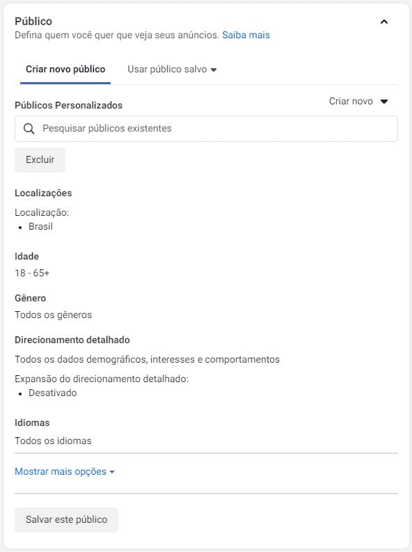 Captura de tela para criar um público para um conjunto de anúncios do Facebook