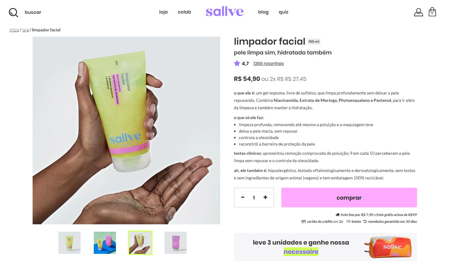 Exemplo da Sallve, que utiliza as práticas recomendadas de fotografia no design para loja virtual