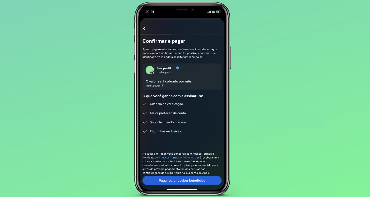 Tela de pagamento do Meta Verified no app do Instagram