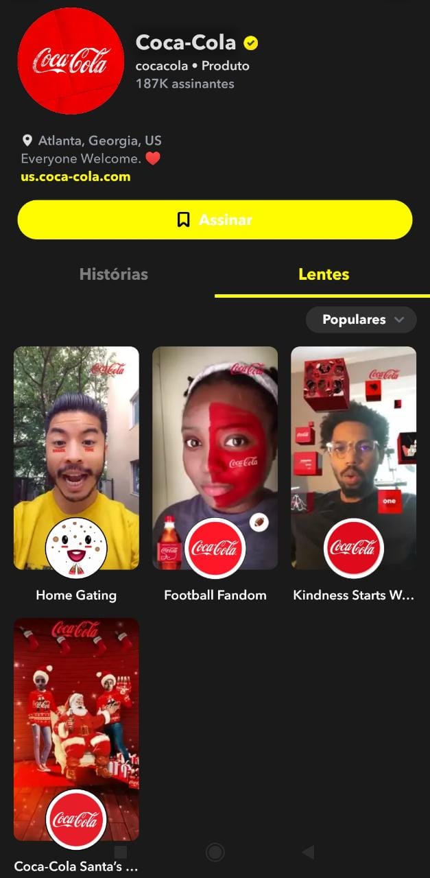 Perfil da marca Coca-Cola no Snapchat: social commerce