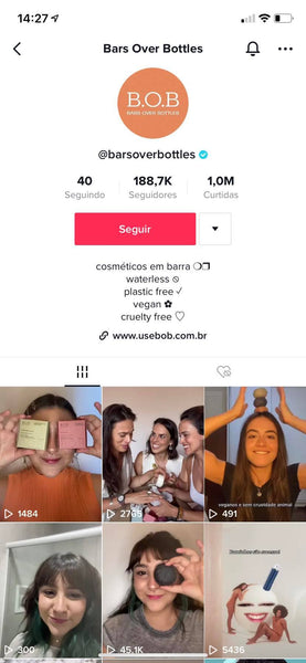 Captura de tela no celular mostra o perfil da loja B.O.B. no TikTok. Na tela, é possível ver seis vídeos que parecem feitos por um usuário do TikTok e não por uma empresa.