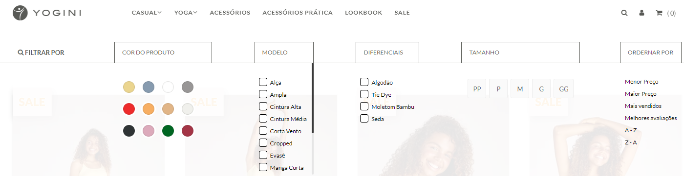 Menu suspenso da loja Yogini