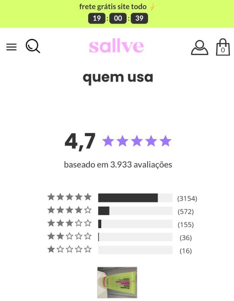 veja o exemplo de avaliação de produto da sallve com cinco estrelas de classificação