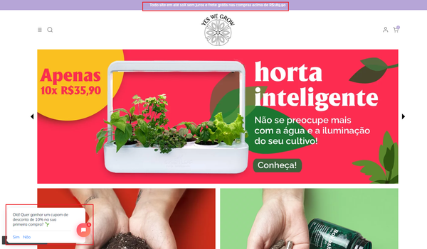 A página inicial da Yes We Grow tem anúncios na barra superior e em janelas pop-up para ajudar no aumento da taxa de conversão do site.