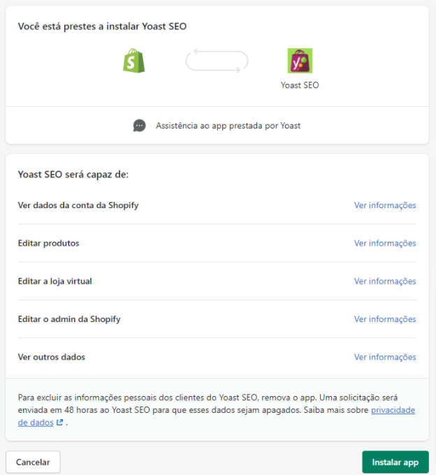 Página de instalação do plugin Yoast SEO na Shopify