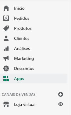 Lista de abas da loja Shopify com a aba Apps em destaque