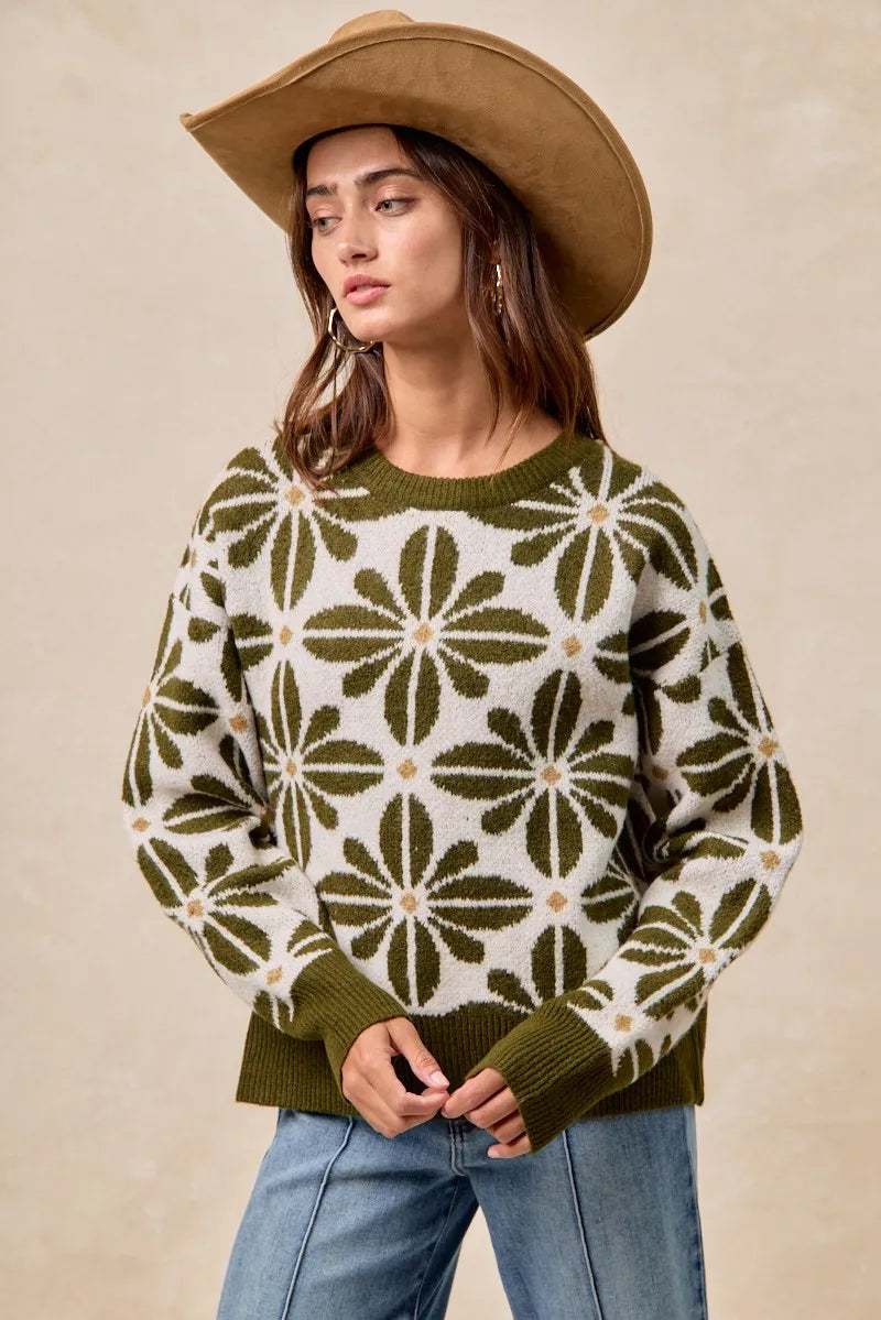 BiBi Flower Pattern Long Sleeve Sweater