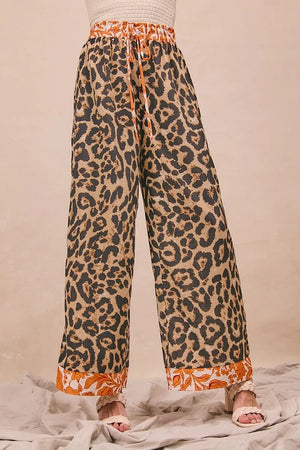 BiBi Leopard Print With Contrast Banded Wide Pants - LandoBugg