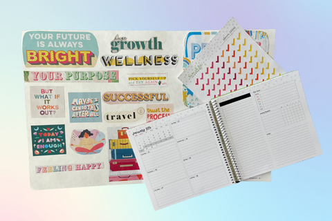 A vision board filled with magazine clippings alongside a sheet of checklist stickers and an 8x8 Limelife Planner.