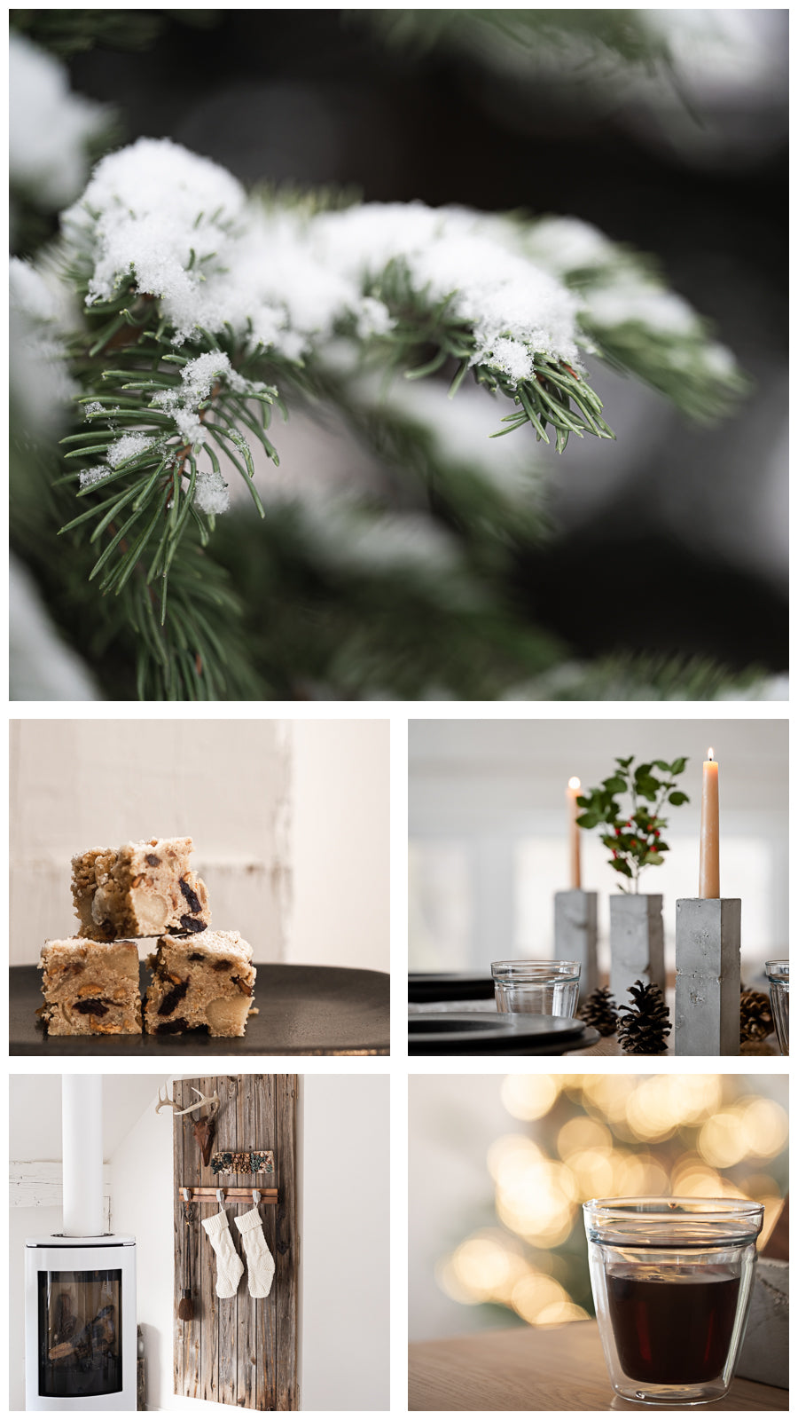 snowy everygreen trees, stollen brownie, tablescape with concrete holders, stocking huung on concrete hooks by fireplace, glass of red wine 