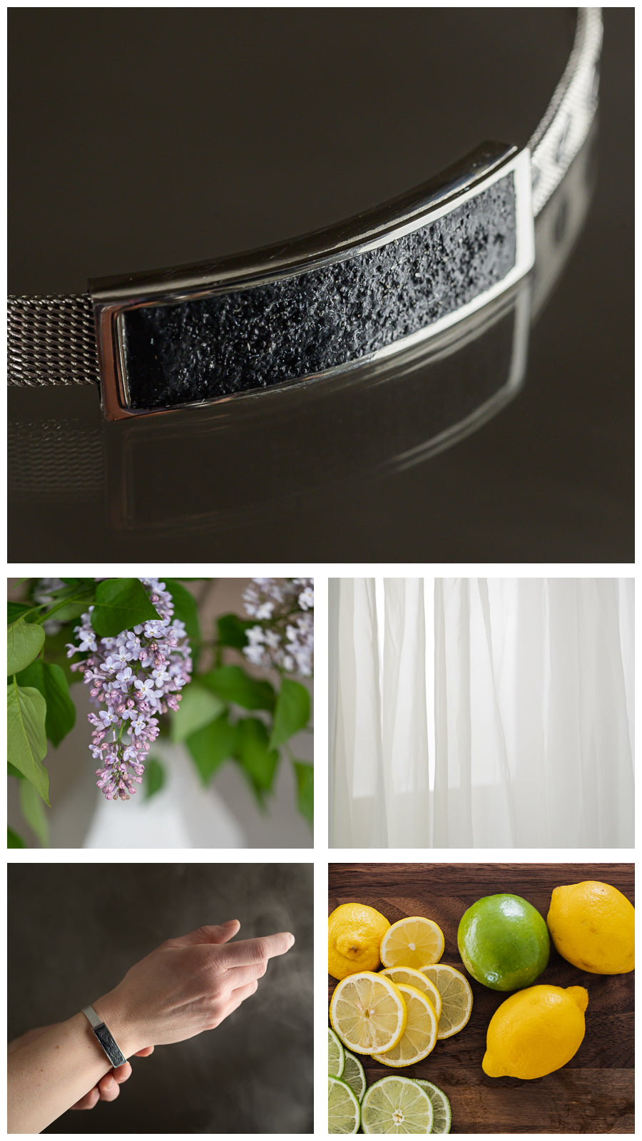 Black Concrete bracelet framed in stainless steel, a branch of lilac, white sheer curtains, a person wearing the bracelet on their wrist and a board with freshly cut lemons and limes