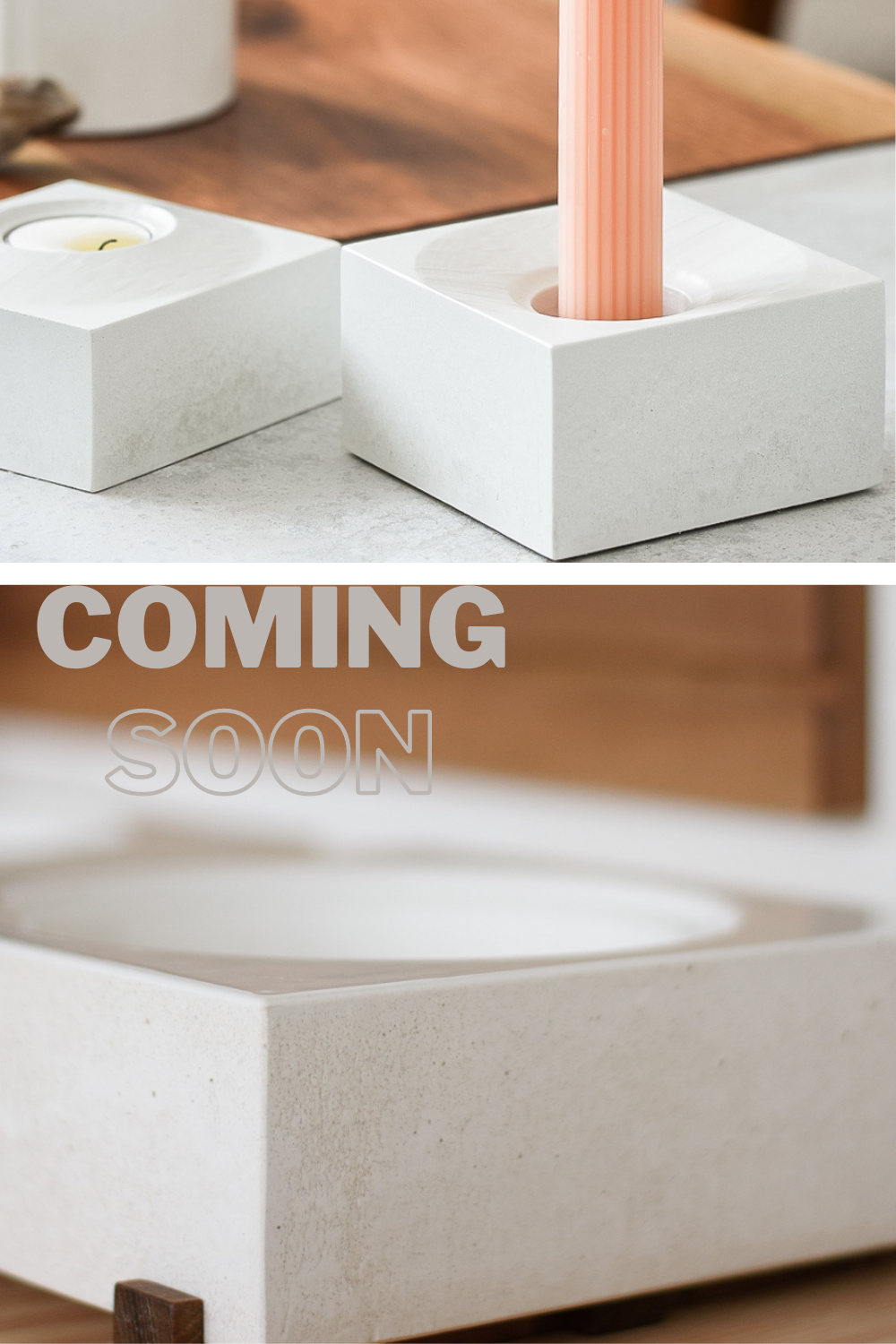 taper tealight pillar nesting white concrete candleholder white concrete shallow bowl walnut feet accente 