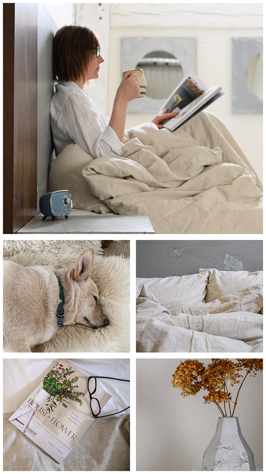 drinking morning coffee in bed, dog sleeping on sheep skin, natural linen bedding, flower home book with reading glasses, concrete vase with hydrangea