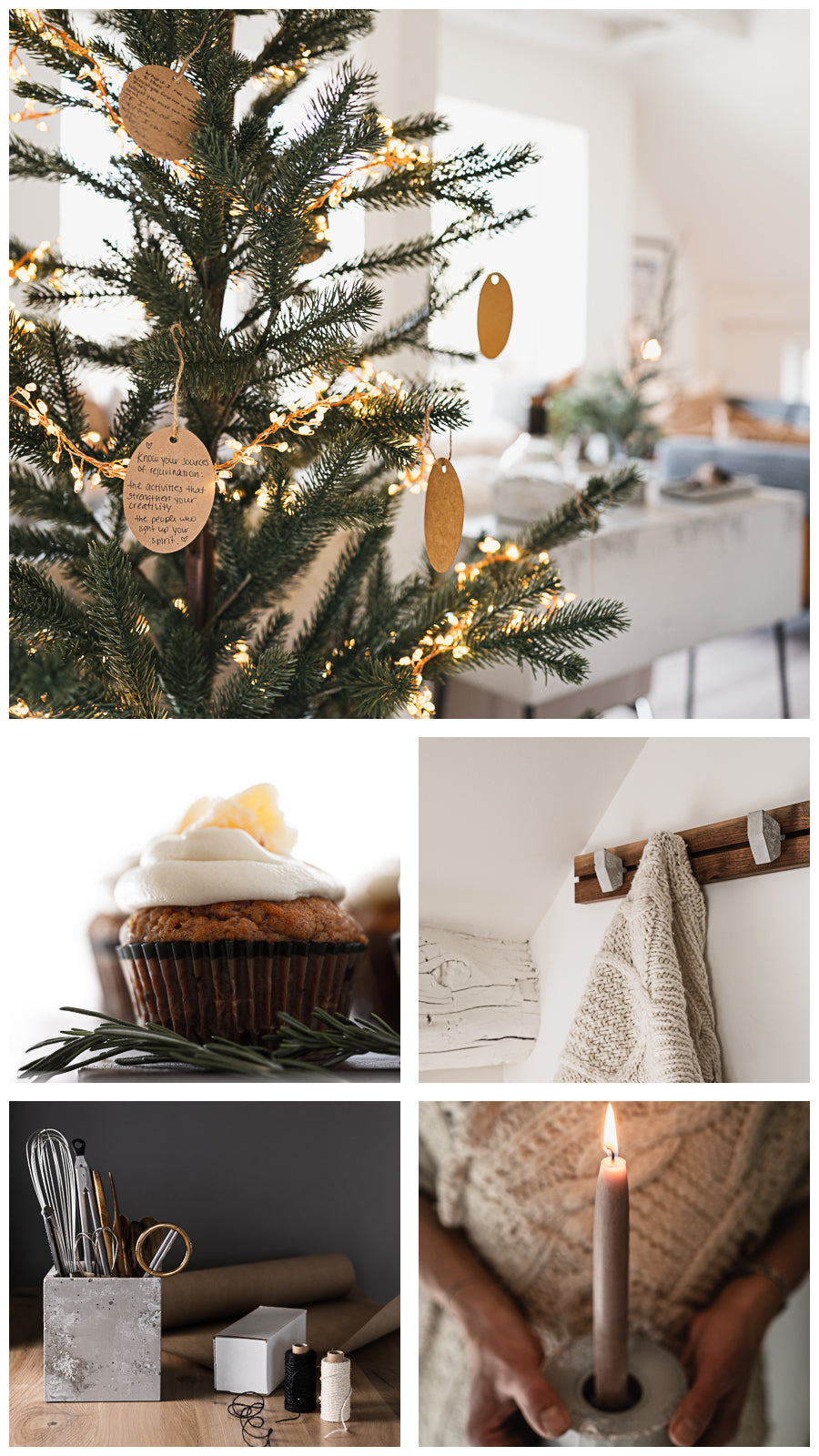 Christmas tree with hanging notes, gingerbread cupcake, concrete hooks walnut wall rack with cream sweater, concrete utensil cube with scissors and kraft paper, lite grey taper candle in concrete holder