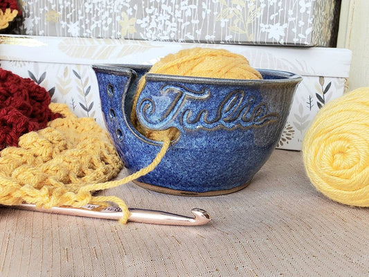 Personalized Custom Print Name Yarn Bowl Blue Engraved Finish Customiz –  The Mud Place