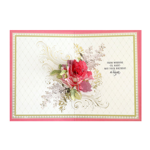 A card with a red rose on it.