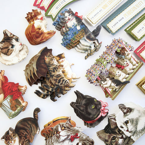 A collection of vintage cat magnets on a white surface.