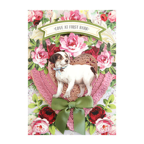 A card with a dog on it and roses.