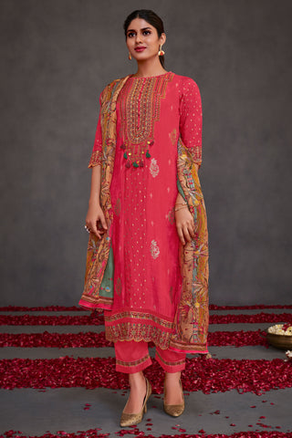 Pink Pure Muslin Silk Jacquard Gold Print Patch Work Function Wear Designer Dress