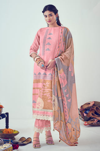 Pink Pure Jari Linen Digital Print Straight Cut Suit