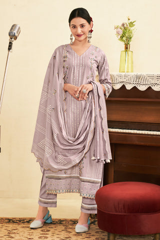 Pure Cotton Khadi Block Print Long Straight Cut Salwar Kameez In Lavender Color