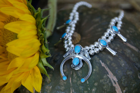 Turquoise Squash Blossom Necklace with the squash's