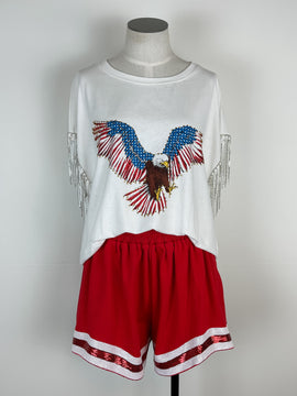 Taylor Eagle Tee with Rhinestone Fringe Tee in White