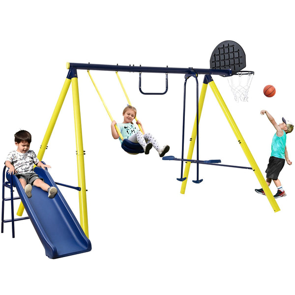 5 in 1 Outdoor Tolddler Swing Set with Steel Frame for Playgrond - RaDEWAY