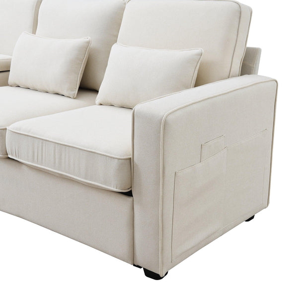 Modern Linen Fabric Sofa with Armrest Pockets and 4 Pillows - RaDEWAY