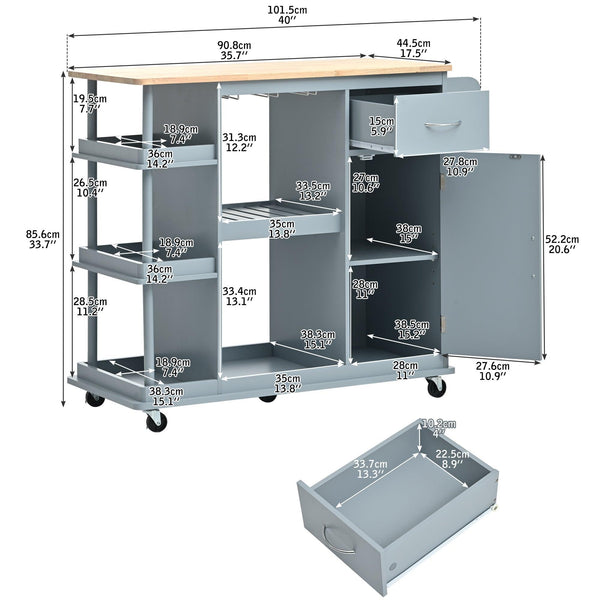 Kitchen Cart Cabinet with Adjustable Storage Shelves Rubber Wood Top with 5 Wheels - RaDEWAY