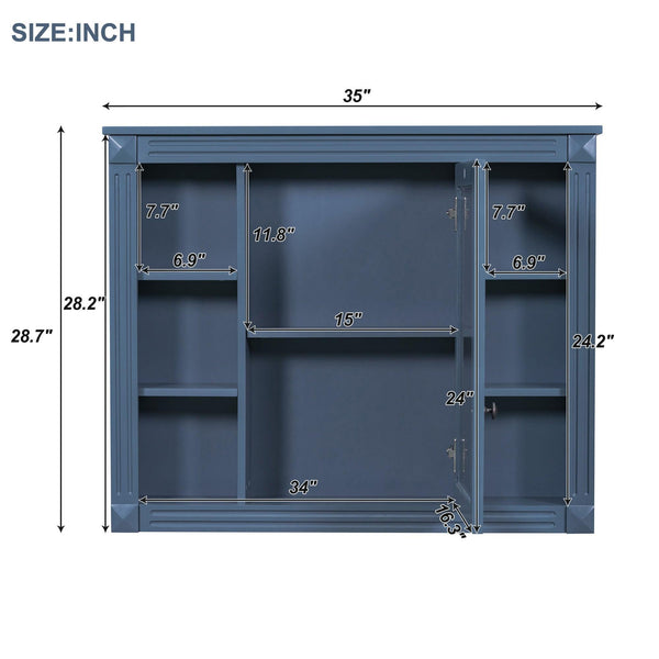 35'' x 28'' Royal Blue Wall Mounted Bathroom Wall Cabinet with Mirror 6 Open Shelves - RaDEWAY