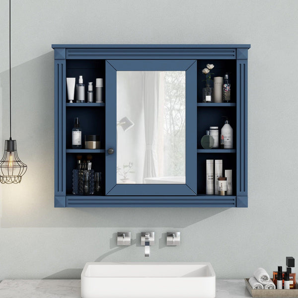 35'' x 28'' Royal Blue Wall Mounted Bathroom Wall Cabinet with Mirror 6 Open Shelves - RaDEWAY