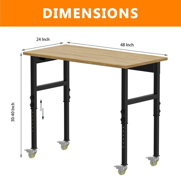 Adjustable Height Oak Workbench With Sockets with 4 Wheels for Garage - RaDEWAY