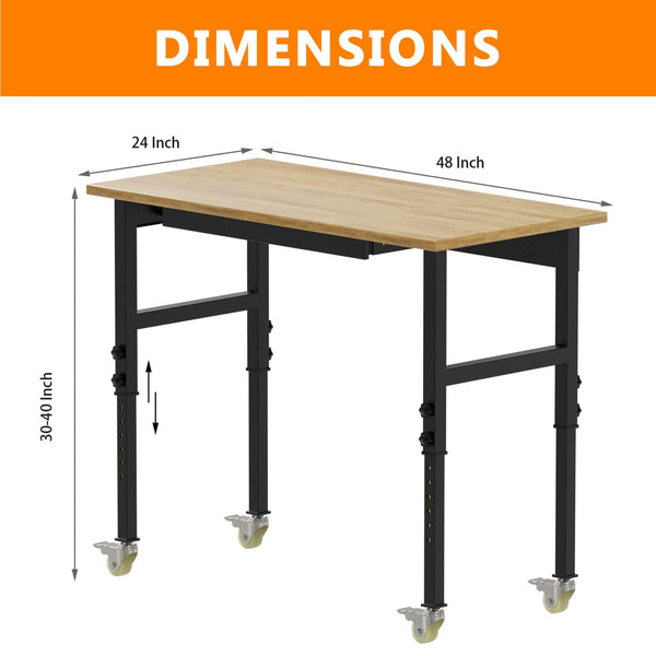 Adjustable Height Oak Workbench With Sockets with 4 Wheels for Garage - RaDEWAY