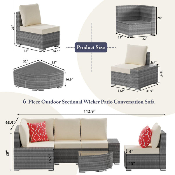 6 Pieces Outdoor Sectional Sets with Cotton Cushions and Glass Coffee Table - RaDEWAY