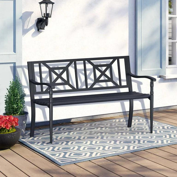 Patio Outdoor Anti-Rust Iron Steel Garden Bench for Porch Path Yard - RaDEWAY