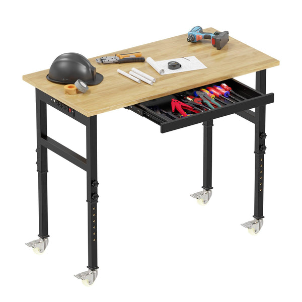 Adjustable Height Oak Workbench With Sockets with 4 Wheels for Garage - RaDEWAY