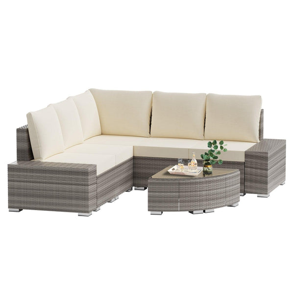 6 Pieces Outdoor Sectional Sets with Cotton Cushions and Glass Coffee Table - RaDEWAY